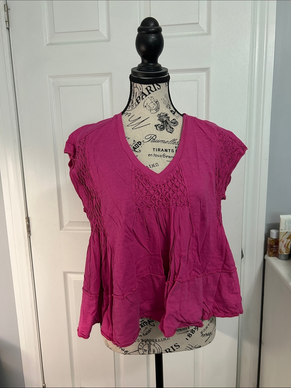 Anthropologie Fuchsia Smocked V-Neck Peplum Tunic Sz M